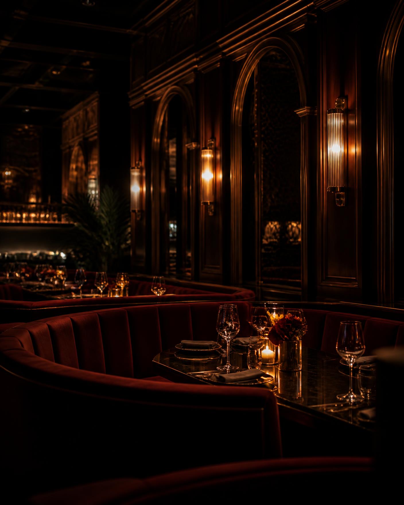 Candlelit burgundy velvet booths inside The Night House